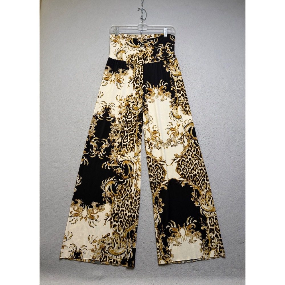 Amore Wide Leg Pants Women Large Black Gold Baroque Leopard Print Y2K Foldable